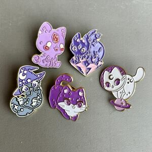 5 Cute Cat Enamel Pins Set - Witchy Black Cat, Meowgic, Bat, Astronaut - Kawaii